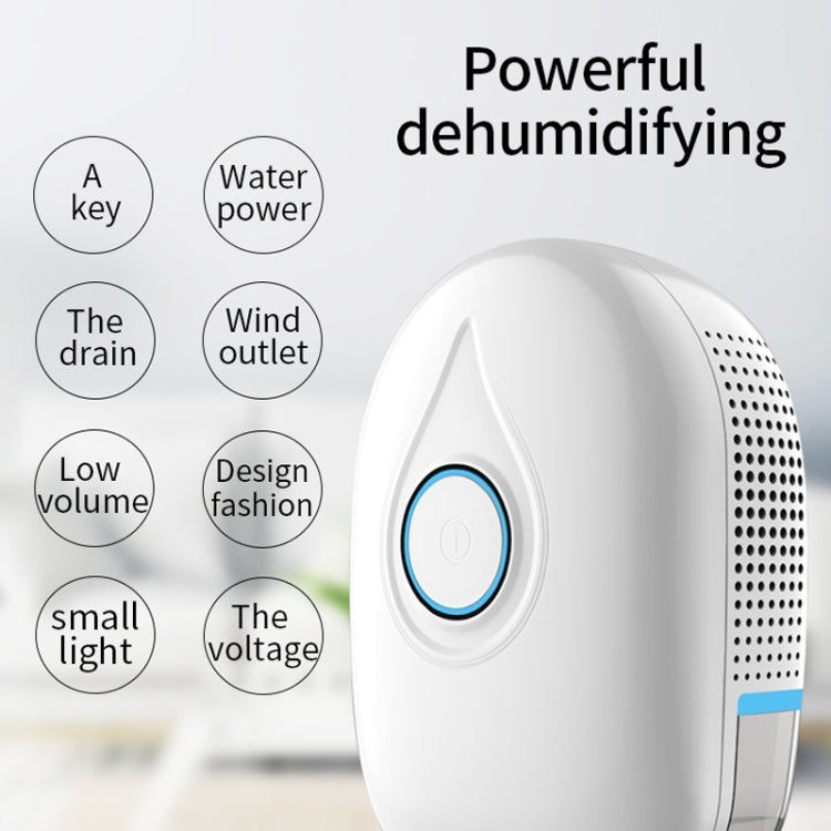 Mini semiconductor dehumidifier with blue power button, drain and airflow feature callouts.