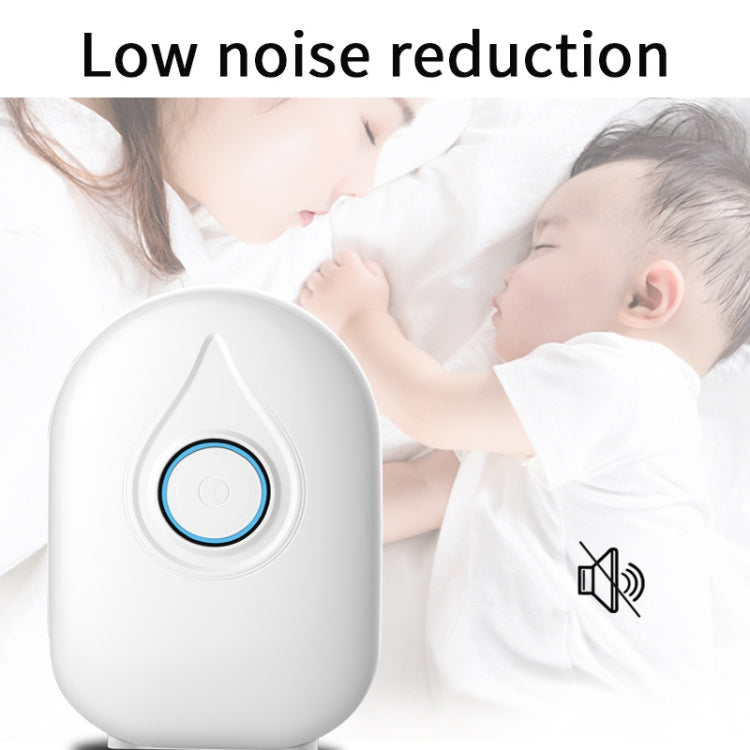 Small white mini dehumidifier with blue-ring control button and quiet operation design