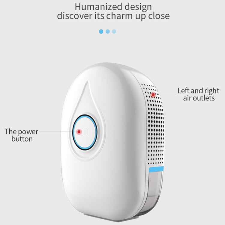 Compact white dehumidifier with power button, blue accent band, and side air outlets