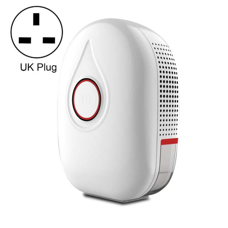 Mini semiconductor dehumidifier with UK plug, red power button, white body.