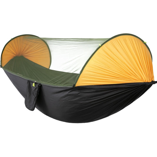 Black and olive hammock with orange end panels and mesh mosquito net canopy