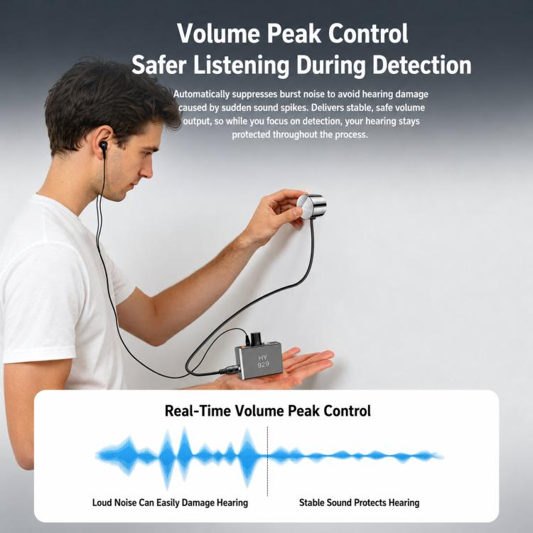 Acoustic water leak detector with volume control knob and wired sensor connection