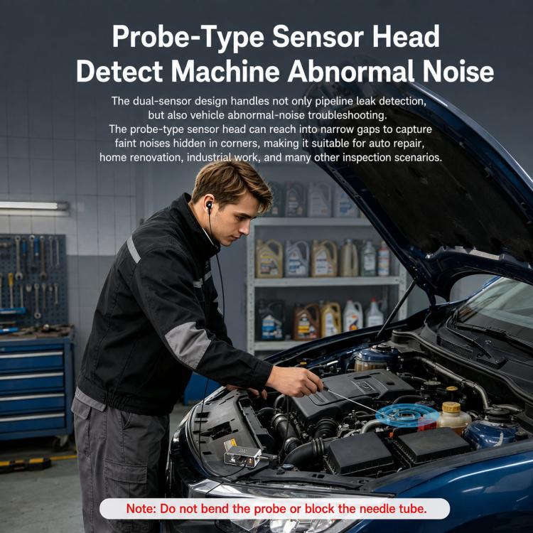 Probe-type acoustic water leak detector sensor head with cable for diagnostics