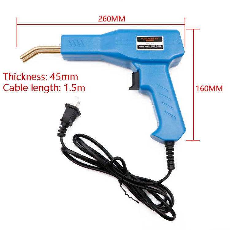 Blue plastic welding gun with black cable and plug, compact handheld design
