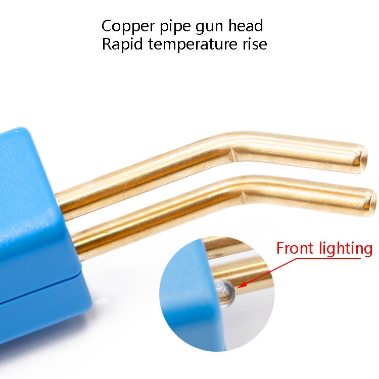 Close-up of blue welding gun with copper pipe gun head tips