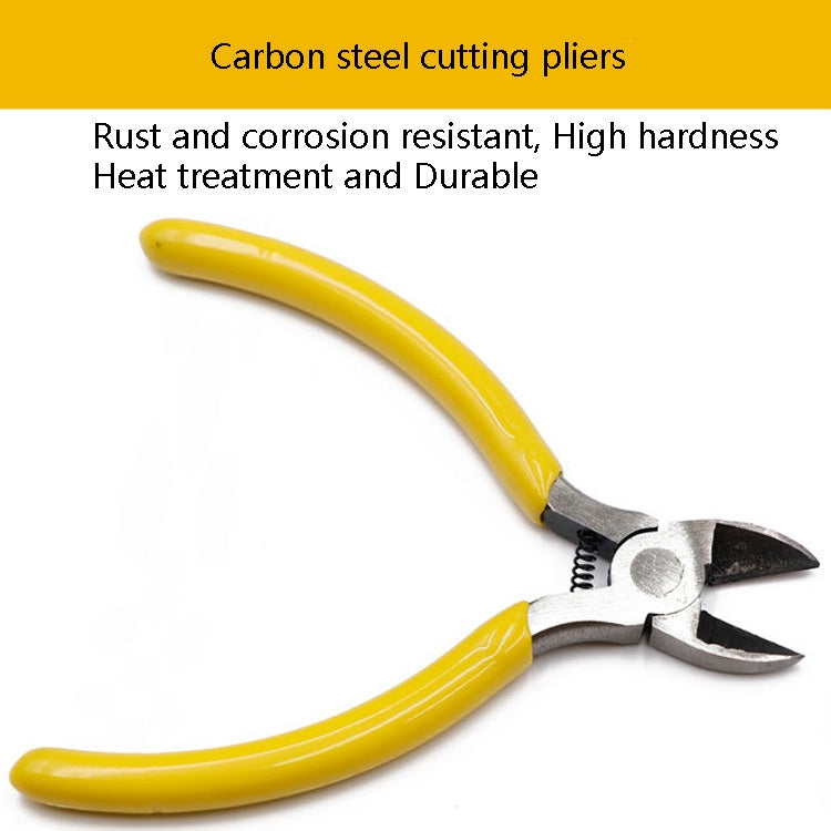 Yellow-handled carbon steel cutting pliers with black pivot and jaws