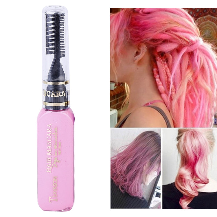 Pink temporary hair color mascara applicator bottle with wand and styled hair