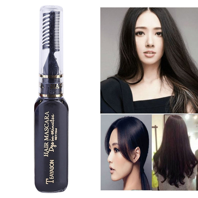 Dark temporary hair color mascara bottle with comb applicator and styled hair