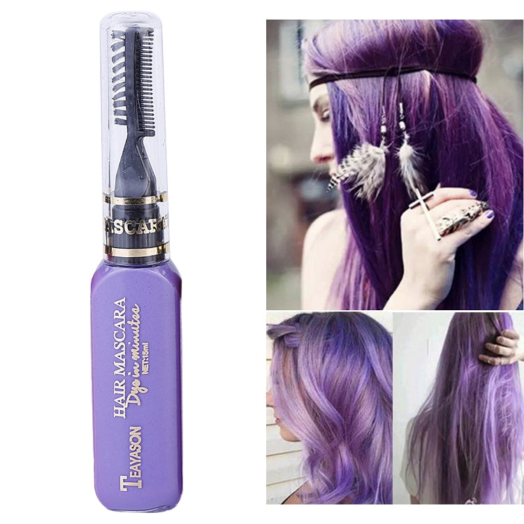 Temporary hair color mascara in purple, squeeze bottle with applicator brush.