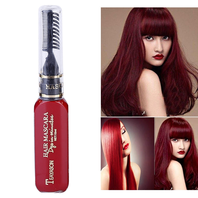 Temporary hair color mascara in burgundy red, squeeze bottle with applicator brush.