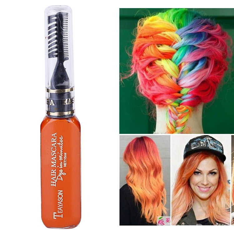 Temporary hair color mascara in orange, squeeze bottle with applicator brush.