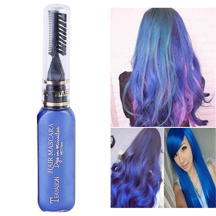 Temporary hair color mascara in blue, squeeze bottle with applicator brush.
