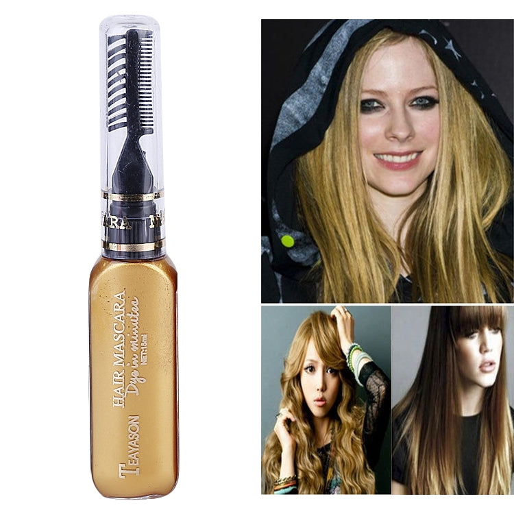 Temporary hair color mascara in gold, squeeze bottle with applicator brush.