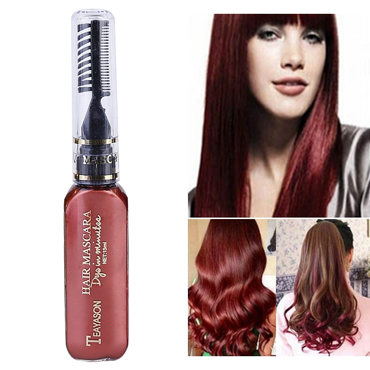Temporary hair color mascara in wine red, squeeze bottle with applicator brush.