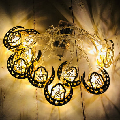 Eid LED string lights with crescent, star, and lantern cutouts; warm white glow.
