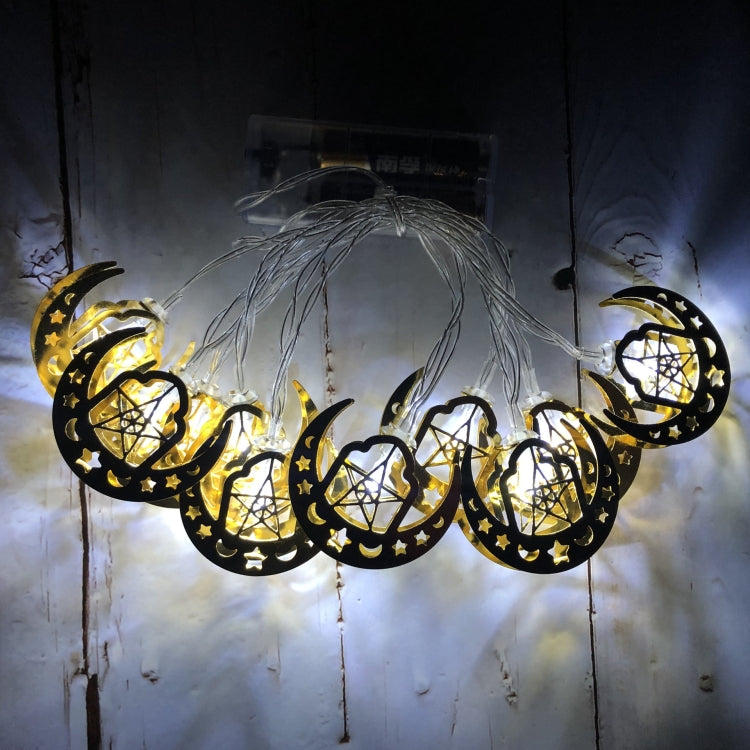 Eid LED string lights with crescent and lantern cutouts; warm white lights on string.