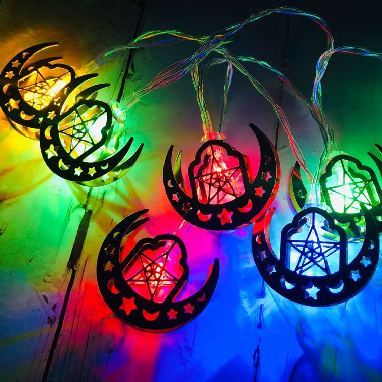 Colorful crescent and star lantern LED lights on a multicolor glowing string.