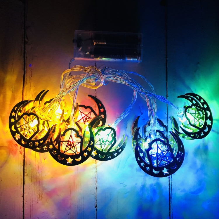 Eid LED string lights with crescent and lantern cutouts; green-blue-red color lighting.