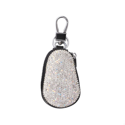 White glitter teardrop key case with silver clip and black trim