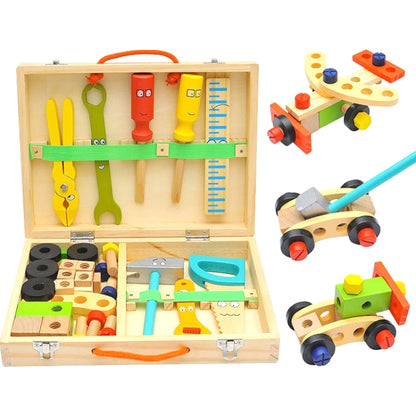 Wooden cartoon toolbox playset with colorful tools in open hinged case