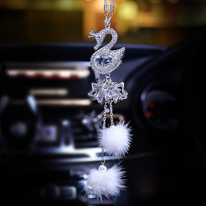 Crystal swan car rearview mirror pendant with rhinestone body and two white fuzzy balls