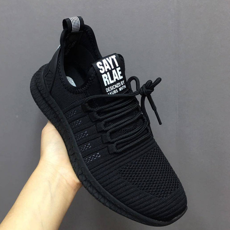 Men's black breathable mesh running shoe with white logo heel patch and lace-up