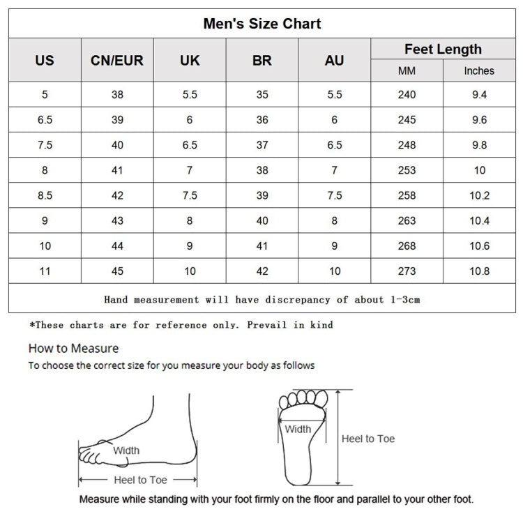 Men's size chart for casual sports shoes, with US and EU sizes