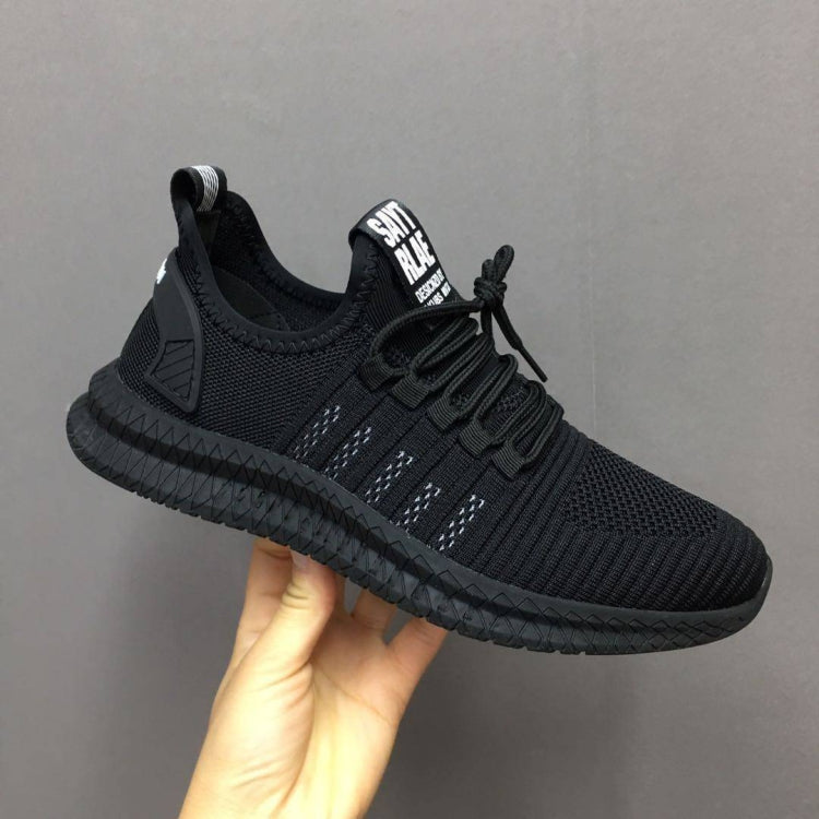 Men's black breathable mesh running shoes with lace-up closure and ribbed outsole