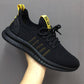 Men's black breathable mesh running shoes with yellow accent details and lace-up