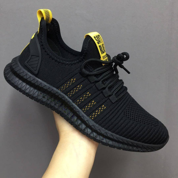 Men's black breathable mesh running shoes with yellow accent details and lace-up