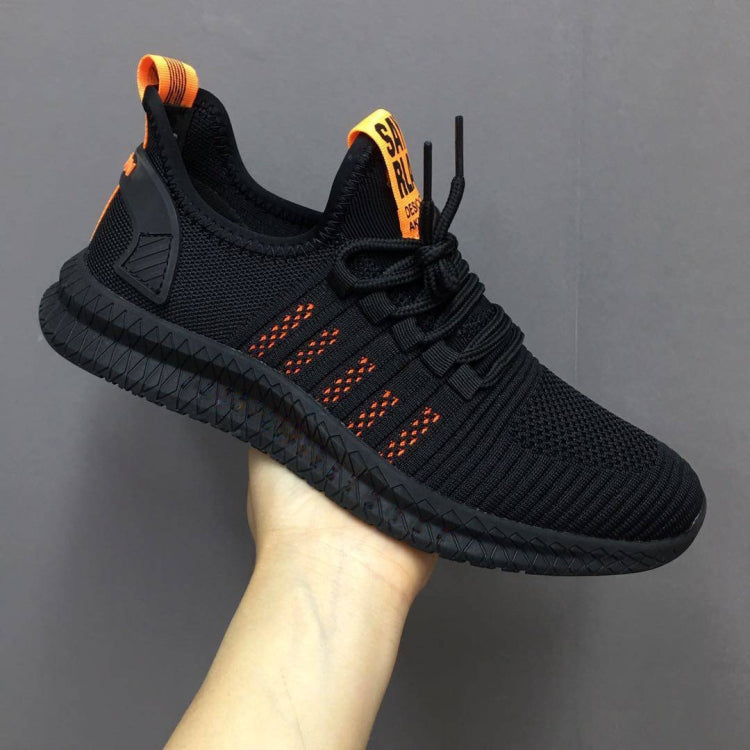 Men's black breathable mesh running shoes with orange accent details and lace-up