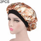 Women’s satin hair bonnet in beige and brown floral print with black elastic band