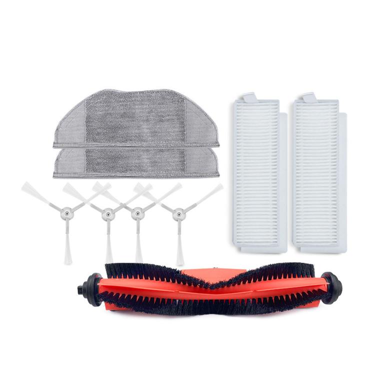 Replacement cleaning kit with gray mop pads, side brushes, two filters, and main roller brush