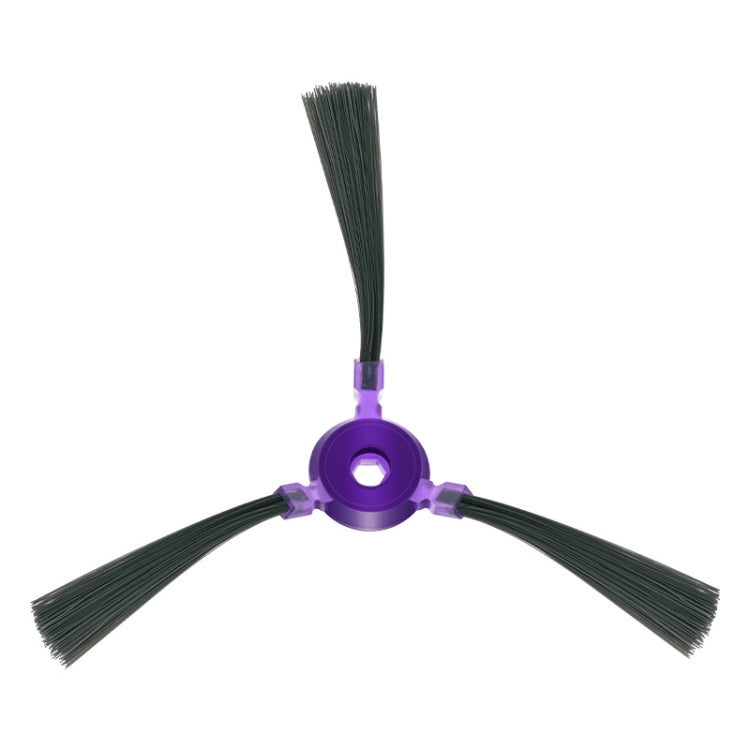 Robot main brush with gray bristles and purple housing, two side brush arms.