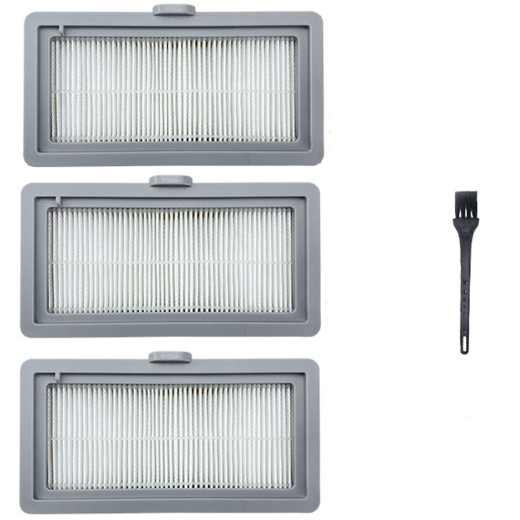 Robot filter set: three gray frames with white pleated media, plus small cleaning brush.