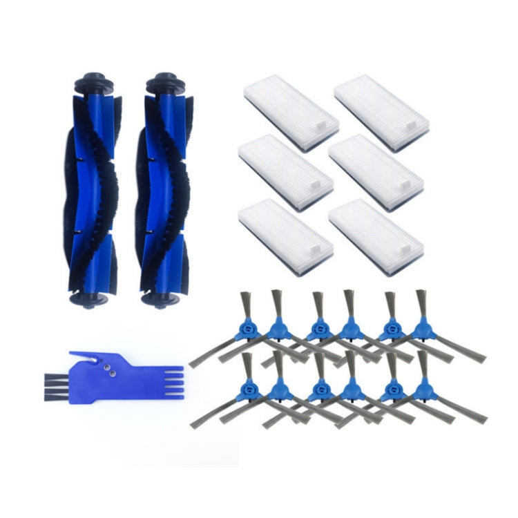Robot vacuum accessory kit with blue side brush set, main brush cover tool, and white filter pads