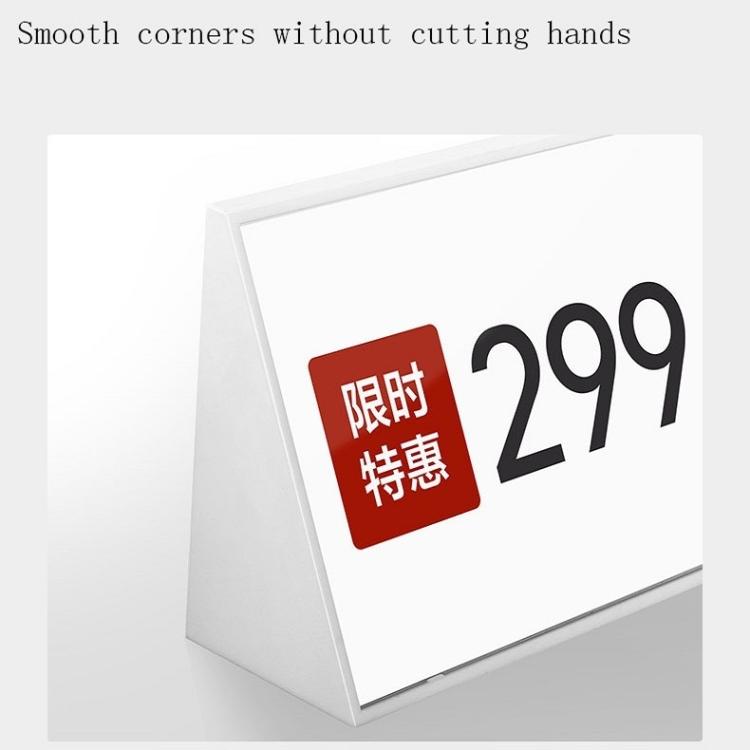 White acrylic card stand showing label window with large price graphic