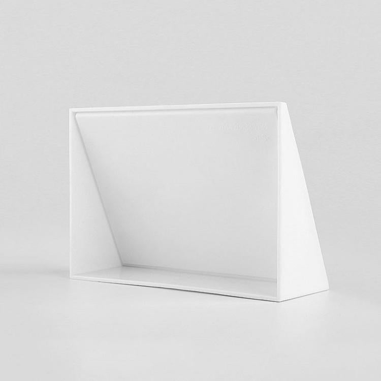 White acrylic card stand with blank display panel, side view