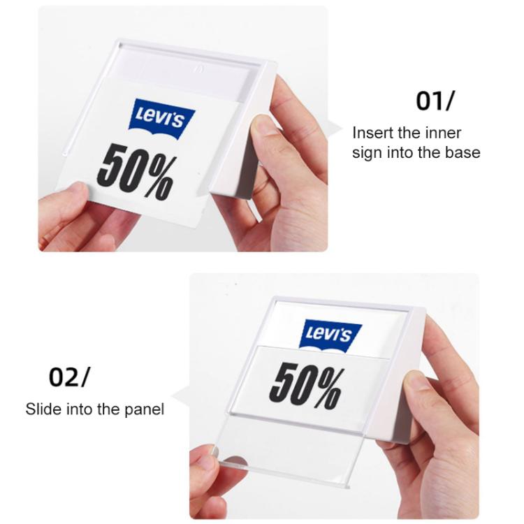 White acrylic triangle desk price tag sign held in hands
