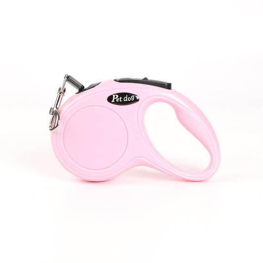 Pink automatic retractable dog leash with metal clip and wrist strap handle
