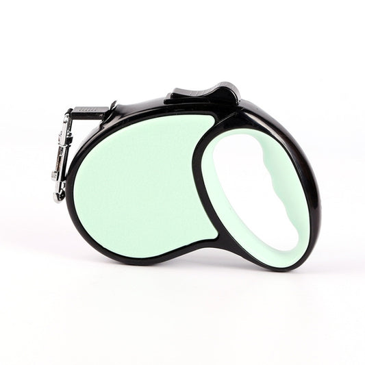 Green retractable dog leash with black housing and metal clip, compact handheld style