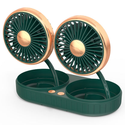 Dual-head car USB fan with rotating green grilles and gold fan rings on a dark base