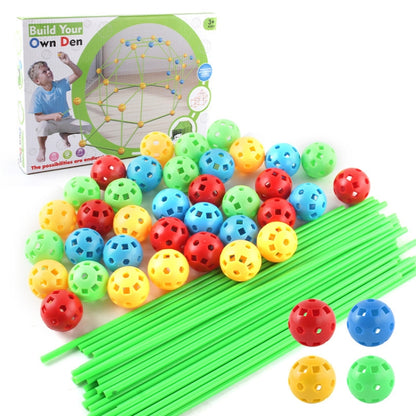DIY play tent building set with green rods and colorful connector balls