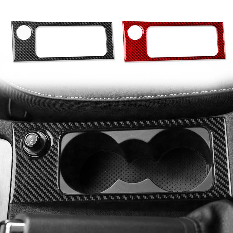 Pair of carbon-fiber cup holder trim stickers, black and red, with rectangular openings