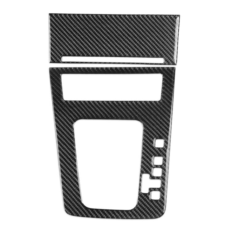 Black carbon-fiber style gear shift panel trim sticker, center console cutout