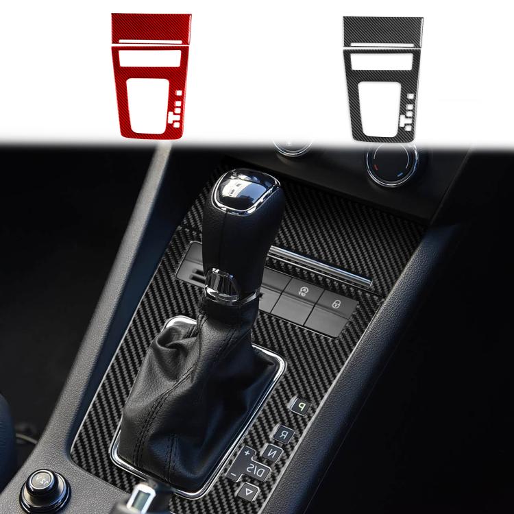 Gear shift panel trim in car interior, carbon-fiber look with control cutouts
