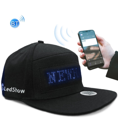 Black LED advertising cap with blue dot-matrix display, controlled by smartphone