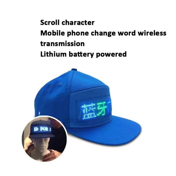 Blue LED advertising cap with rectangular front LED display showing scrolling text