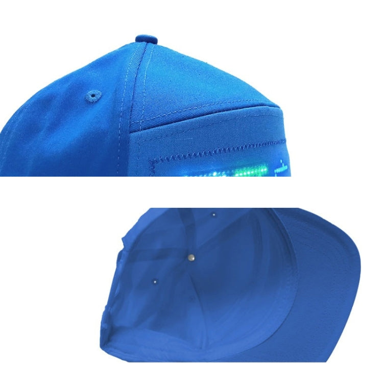 Blue LED advertising cap close-up with glowing strip LED display along front