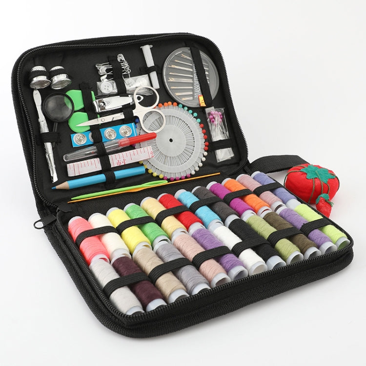 Black zippered home sewing kit with colorful thread spools and sewing tools